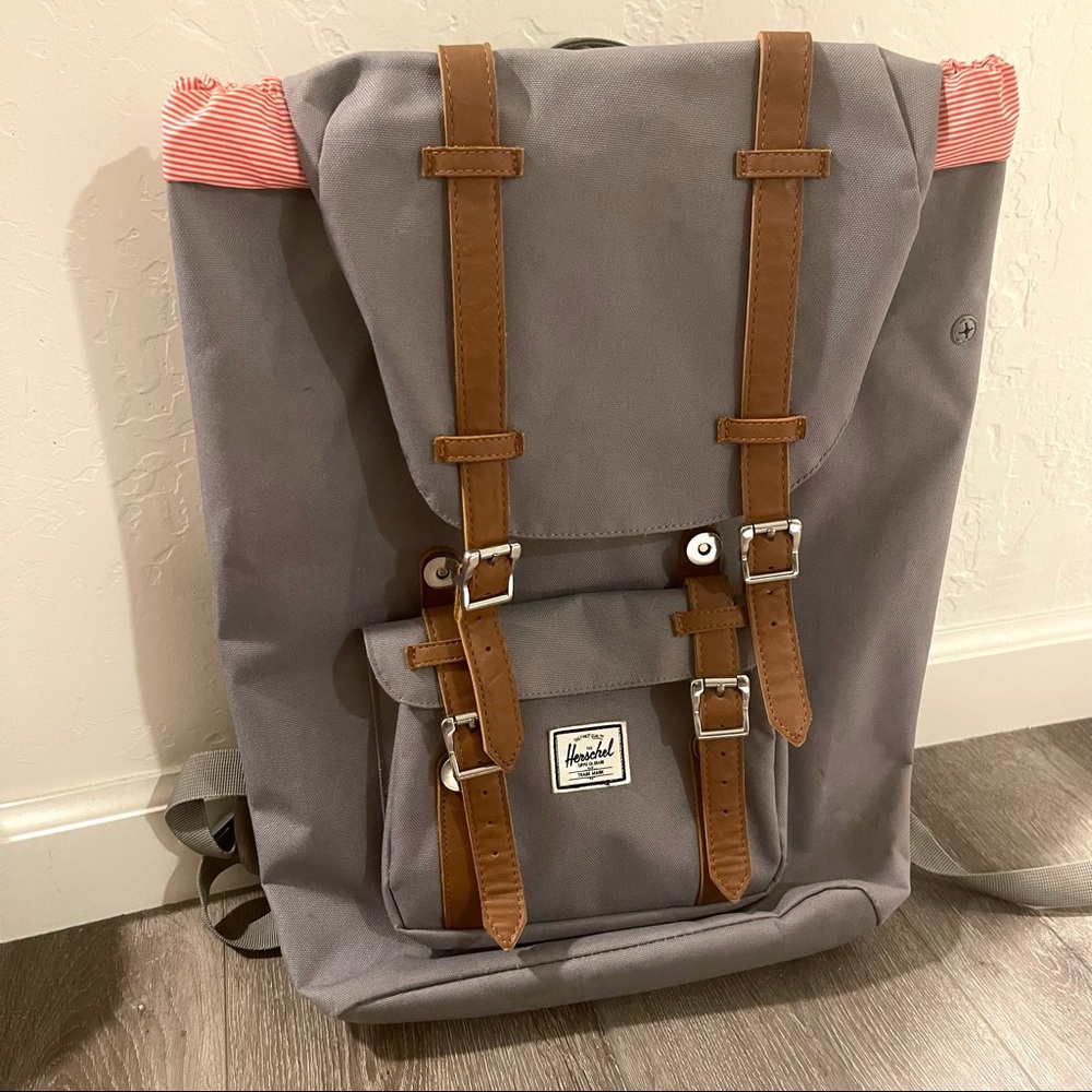 Herschel Supply Company Gray Backpack with Brown Straps and Red Accent